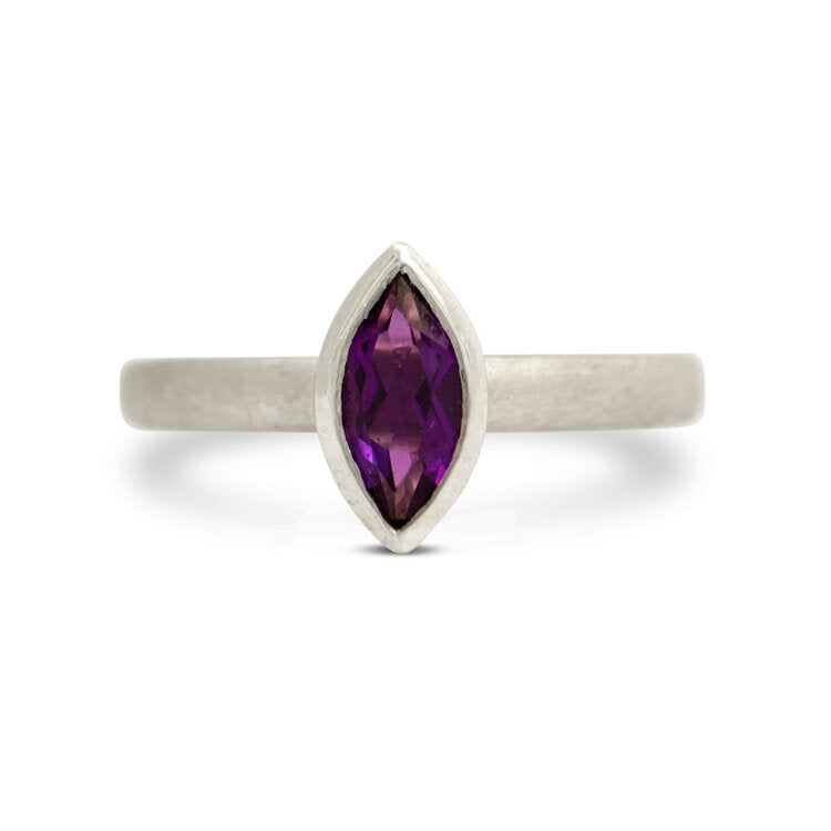 Kate Phipps Jewellery Solitaire ring silver and amethyst 8 x 4 marquise set straight