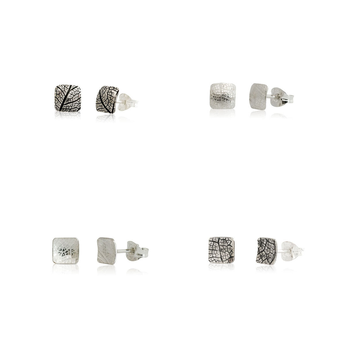 Kate Phipps Jewellery Square stud earrings 4 pairs silver leaf skeleton textured