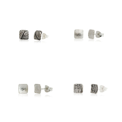 Kate Phipps Jewellery Square stud earrings 4 pairs silver leaf skeleton textured