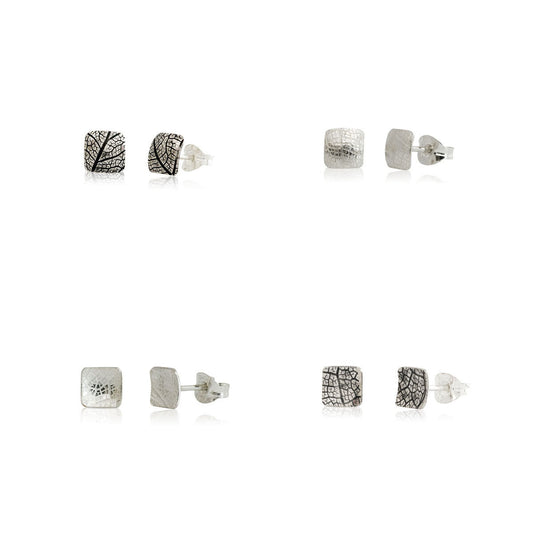 Kate Phipps Jewellery Square stud earrings 4 pairs silver leaf skeleton textured