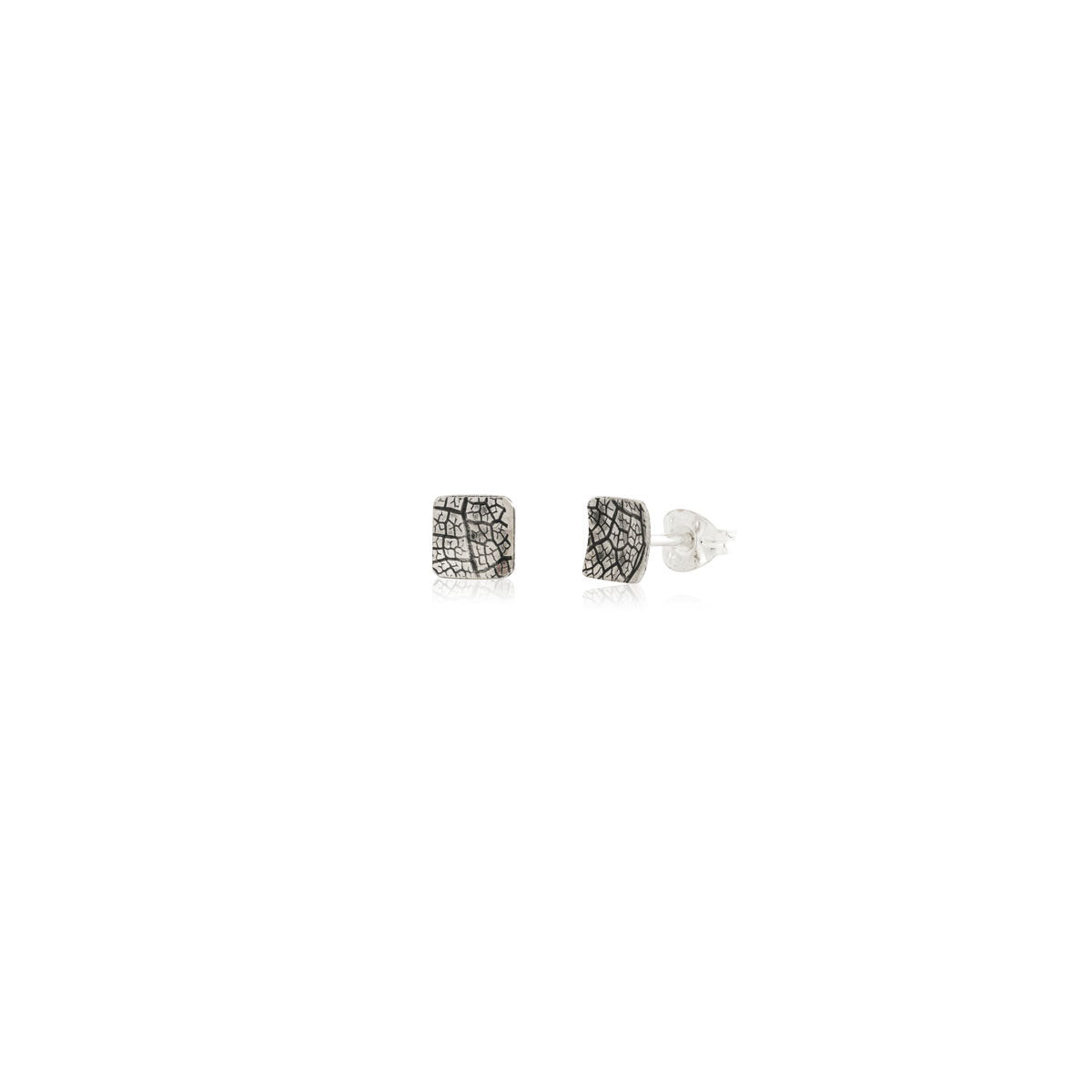 Kate Phipps Jewellery Square stud earrings oxidised leaf skeleton texture silver concave