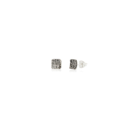 Kate Phipps Jewellery Square stud earrings oxidised leaf skeleton texture silver concave