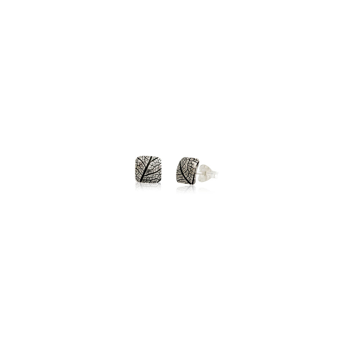 Kate Phipps Jewellery Square stud earrings oxidised leaf skeleton texture silver convex
