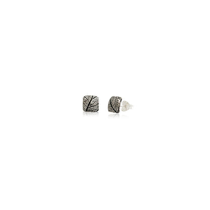 Kate Phipps Jewellery Square stud earrings oxidised leaf skeleton texture silver convex