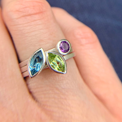 Kate Phipps Jewellery Stacking rings trio of rings with marquise peridot marquise Swiss blue topaz and round amethyst in silver model photo 2