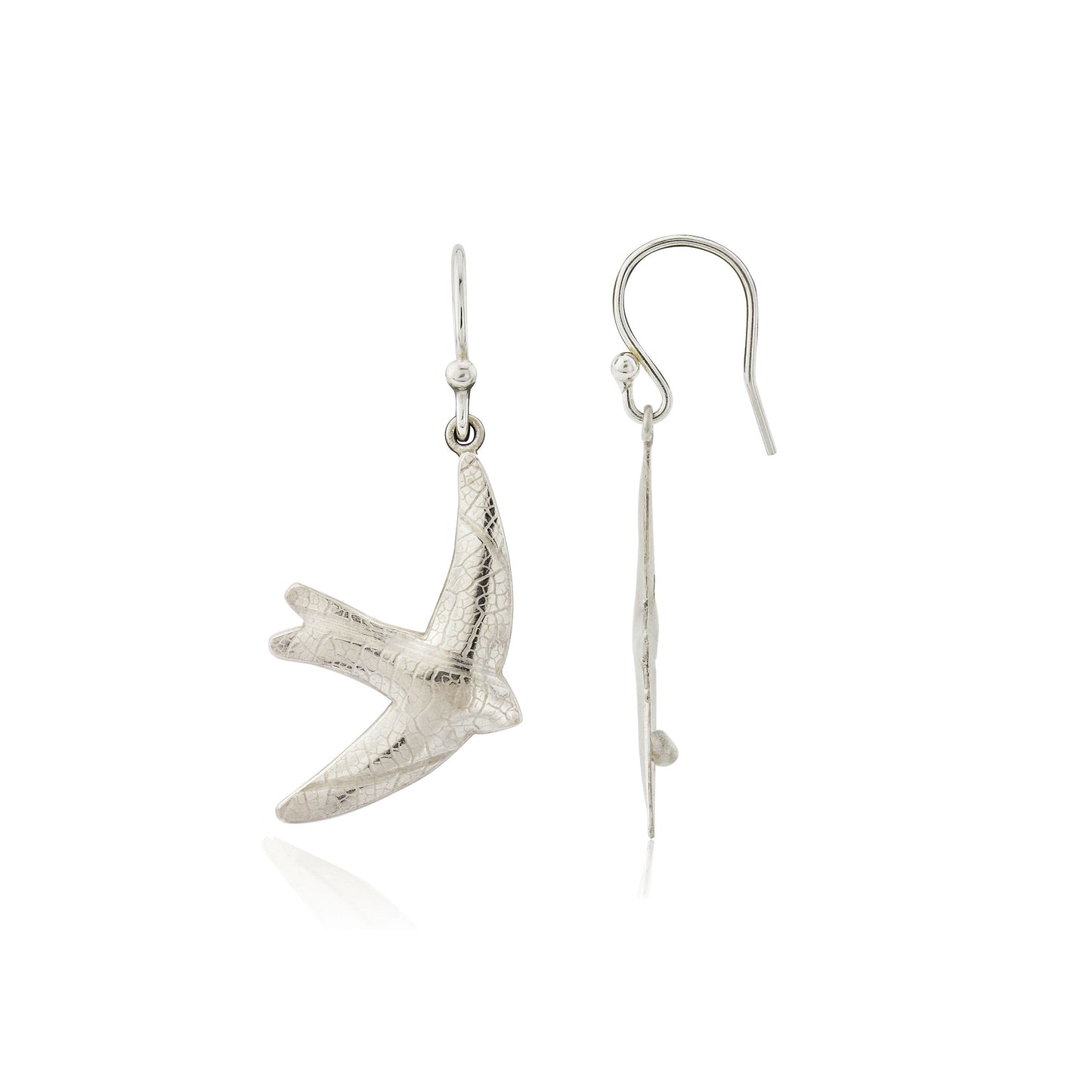 Kate Phipps Jewellery silver swift drop earrings leaf skeleton texture product photo