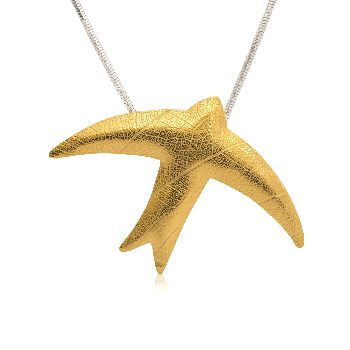 Kate Phipps Jewellery 22 carat yellow gold plated silver swift necklace with leaf skeleton texture product photo