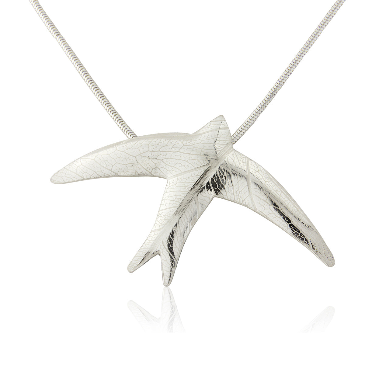 Kate Phipps Jewellery silver swift necklace leaf skeleton texture product photo