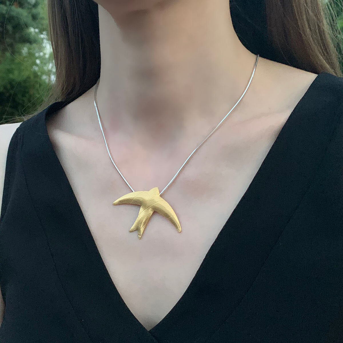 Kate Phipps Jewellery 22 carat yellow gold plated silver swift necklace with leaf skeleton texture model photo