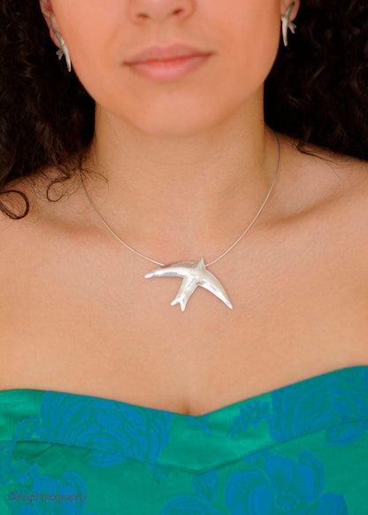 Kate Phipps Jewellery silver swift stud earrings and necklace leaf skeleton texture model photo