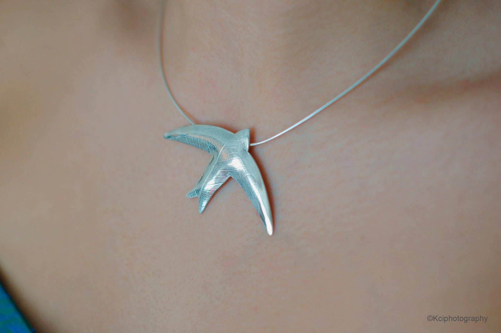 Kate Phipps Jewellery silver swift necklace leaf skeleton texture model photo