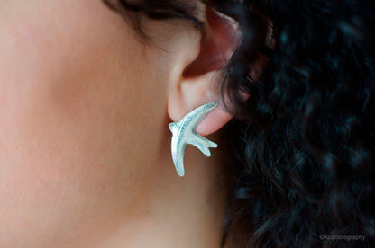Kate Phipps Jewellery silver swift stud earrings leaf skeleton texture model photo
