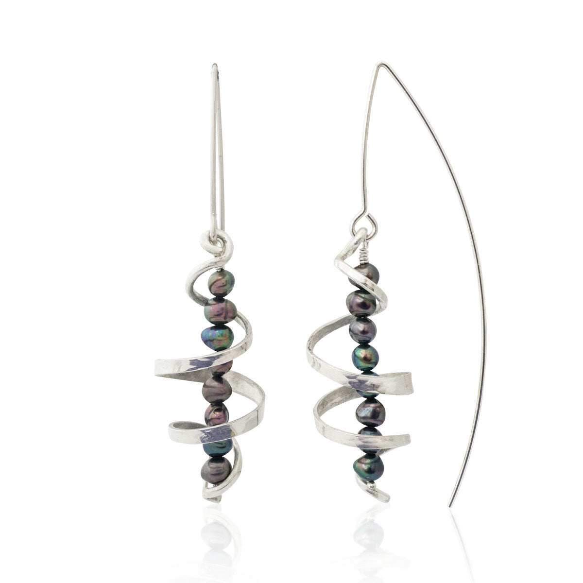 Kate Phipps Jewellery silver swirl and peacock pearl drop earrings product photo