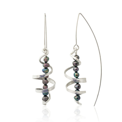 Kate Phipps Jewellery silver swirl and peacock pearl drop earrings product photo
