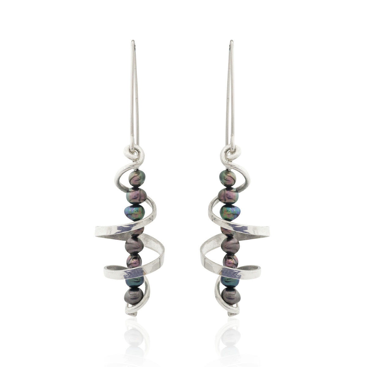 Kate Phipps Jewellery silver swirl and peacock pearl drop earrings product photo front on
