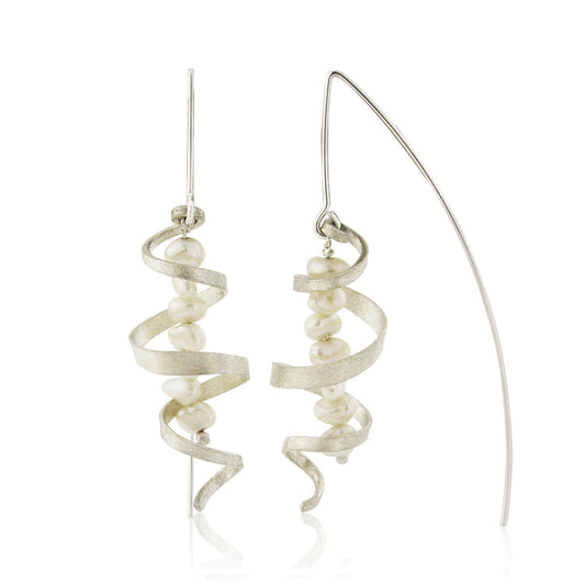 Kate Phipps Jewellery silver swirl and white pearl drop earrings product photo