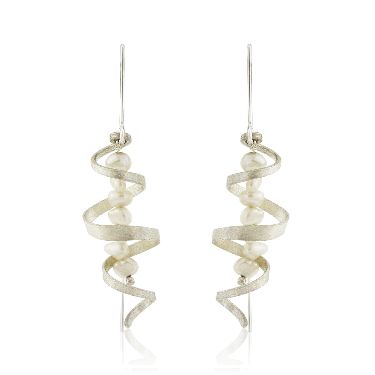 Kate Phipps Jewellery silver swirl and white pearl drop earrings product photo front on