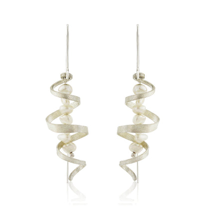 Kate Phipps Jewellery silver swirl and white pearl drop earrings product photo front on