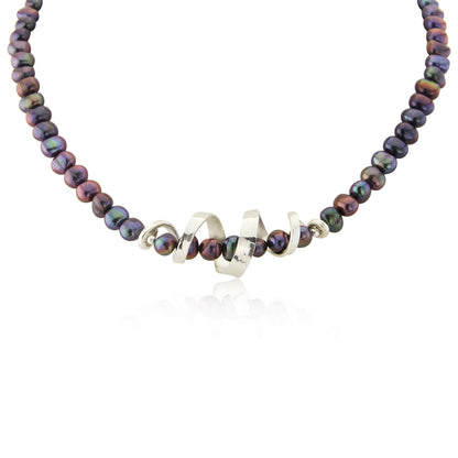 Kate Phipps Jewellery silver swirl and peacock pearl necklace product photo