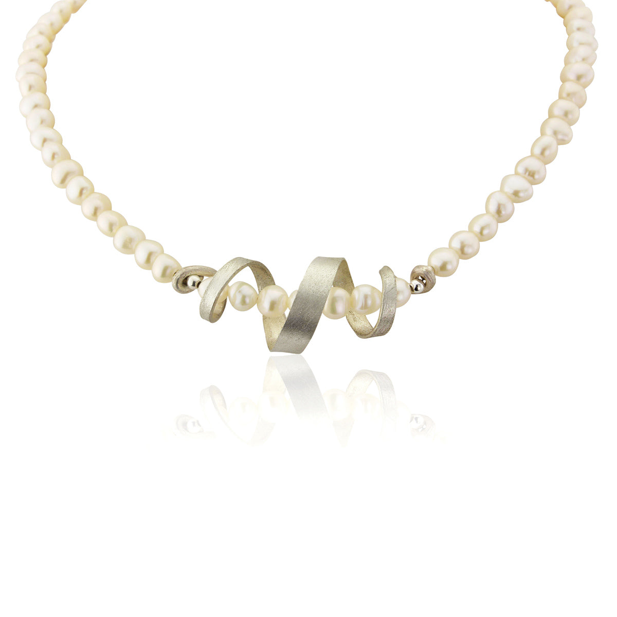 Kate Phipps Jewellery silver swirl and white pearl necklace product photo