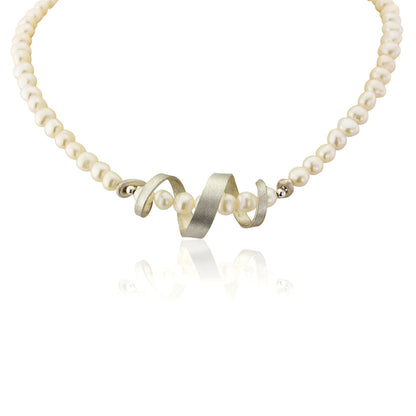 Kate Phipps Jewellery silver swirl and white pearl necklace product photo