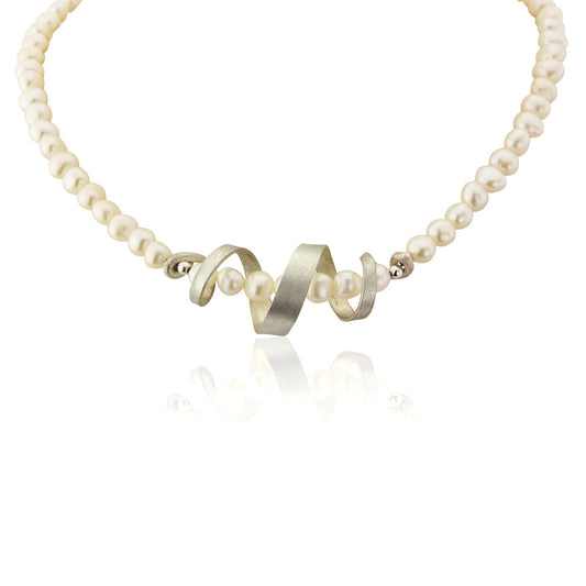 Kate Phipps Jewellery silver swirl and white pearl necklace product photo