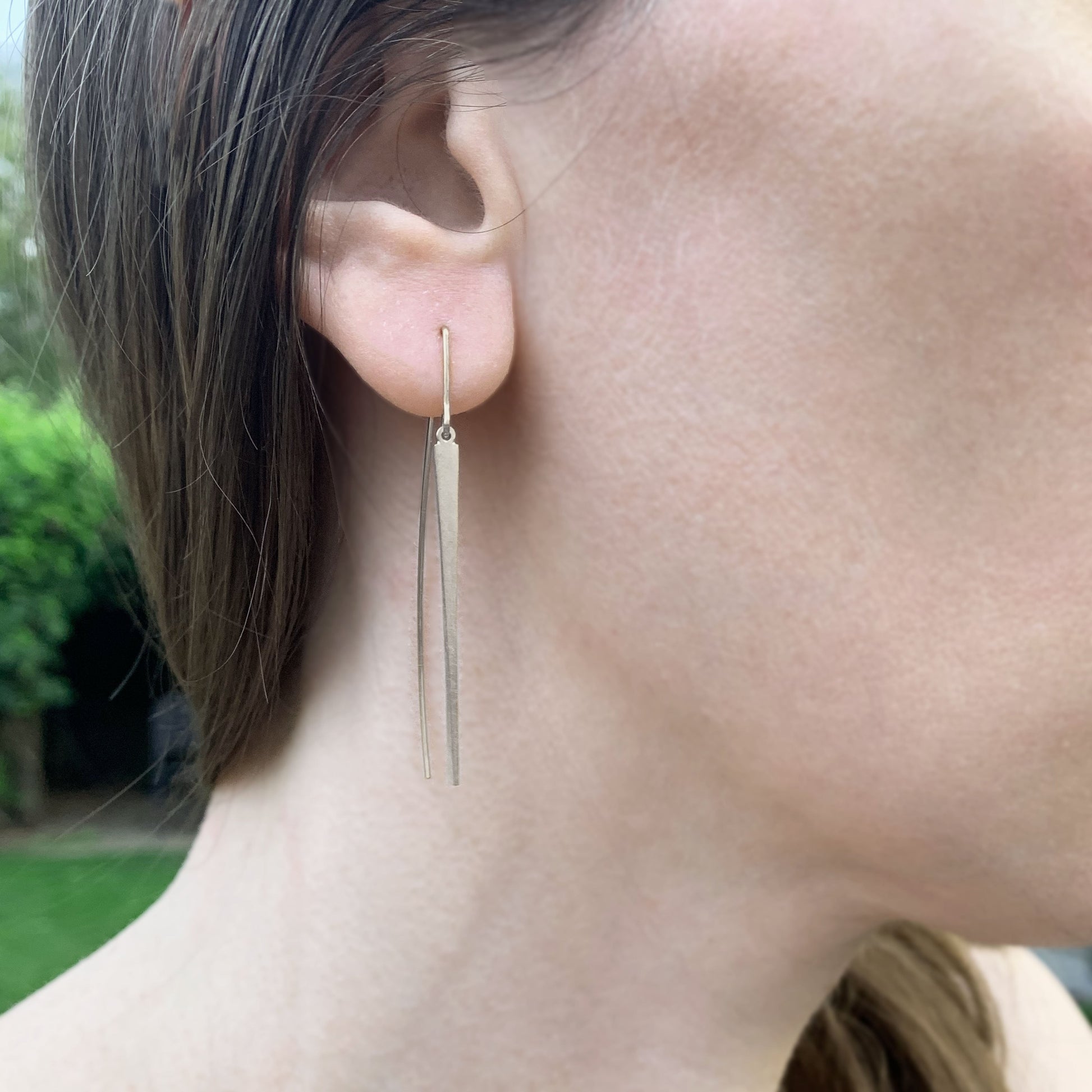 Kate Phipps Jewellery Tapered drop earrings silver model photo