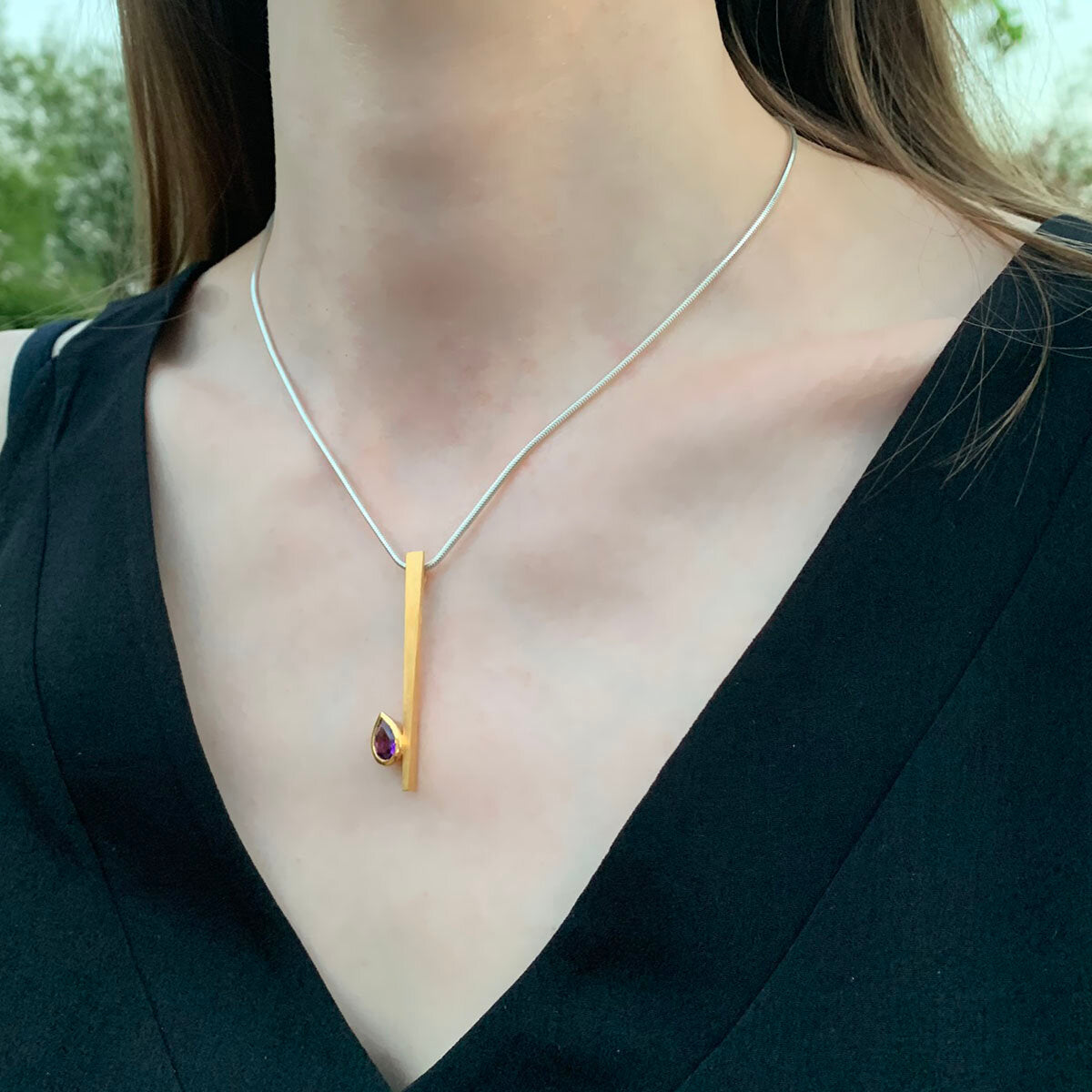 Kate Phipps Jewellery yellow gold plated silver and pear shaped amethyst necklace model photo