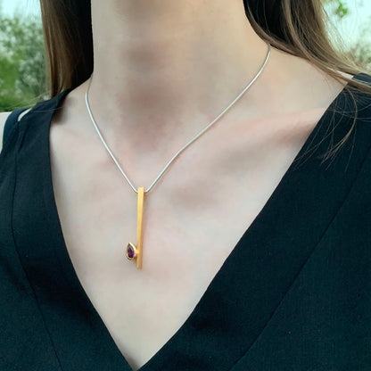 Kate Phipps Jewellery yellow gold plated silver and pear shaped amethyst necklace model photo