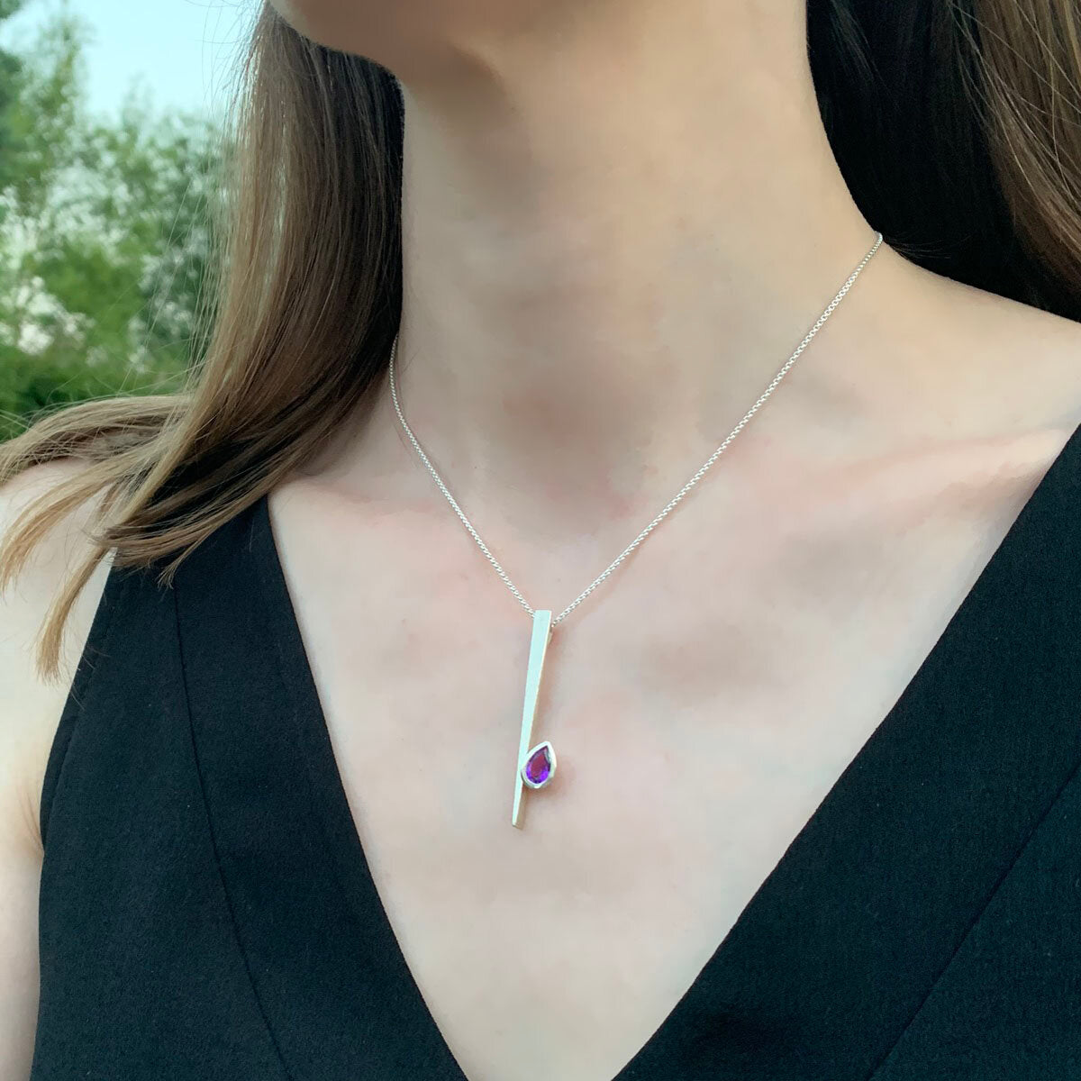 Kate Phipps Jewellery silver and pear shaped amethyst necklace model photo
