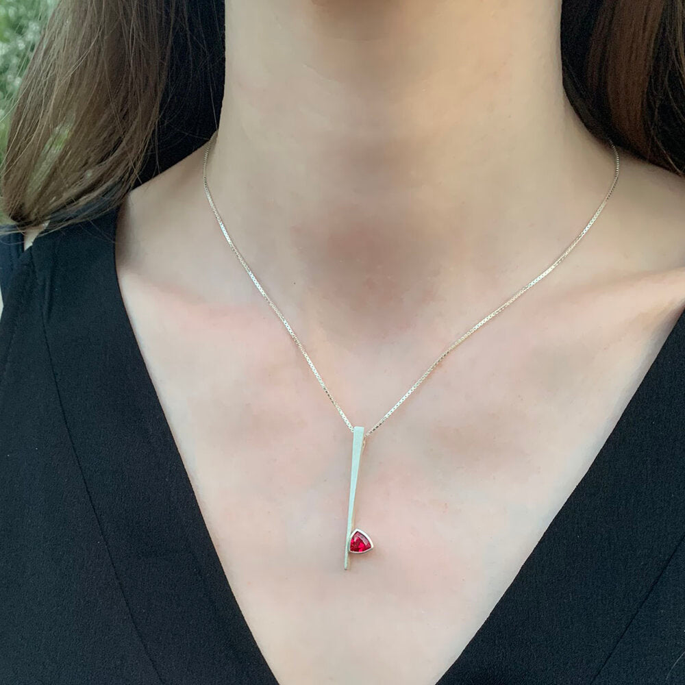Kate Phipps Jewellery silver and trillion cut synthetic ruby necklace model photo