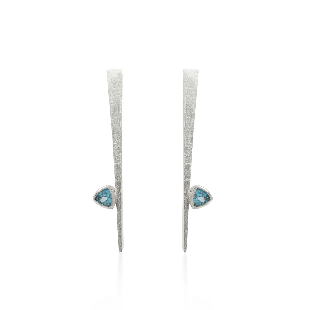 Kate Phipps Jewellery silver and Swiss blue topaz tapered stud earrings front on product photo
