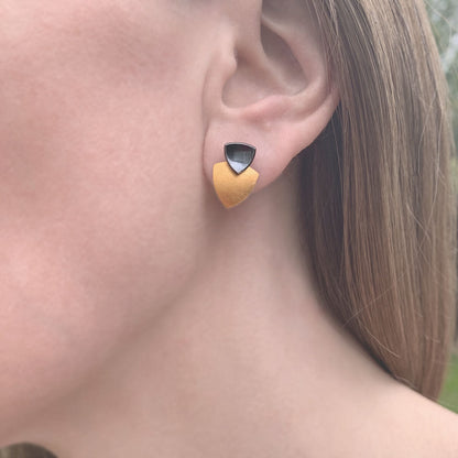 Kate Phipps Jewellery Trillion duo multiway stud earrings oxidised silver stud and 22 carat yellow gold plated silver lower section model photo