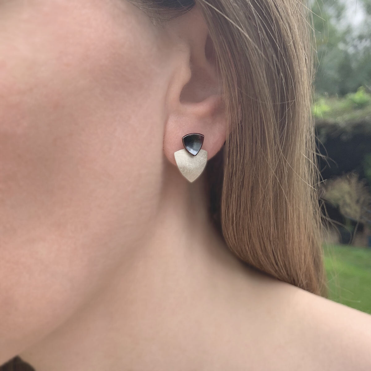 Kate Phipps Jewellery Trillion duo multiway stud earrings oxidised silver stud and silver lower section model photo