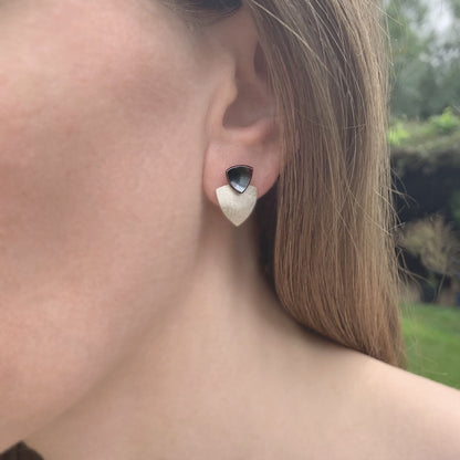 Kate Phipps Jewellery Trillion duo multiway stud earrings oxidised silver stud and silver lower section model photo