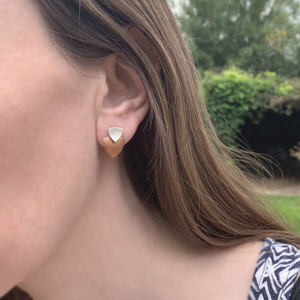 Kate Phipps Jewellery Trillion duo multiway stud earrings silver stud and 18 carat rose gold plated silver lower section model photo 2