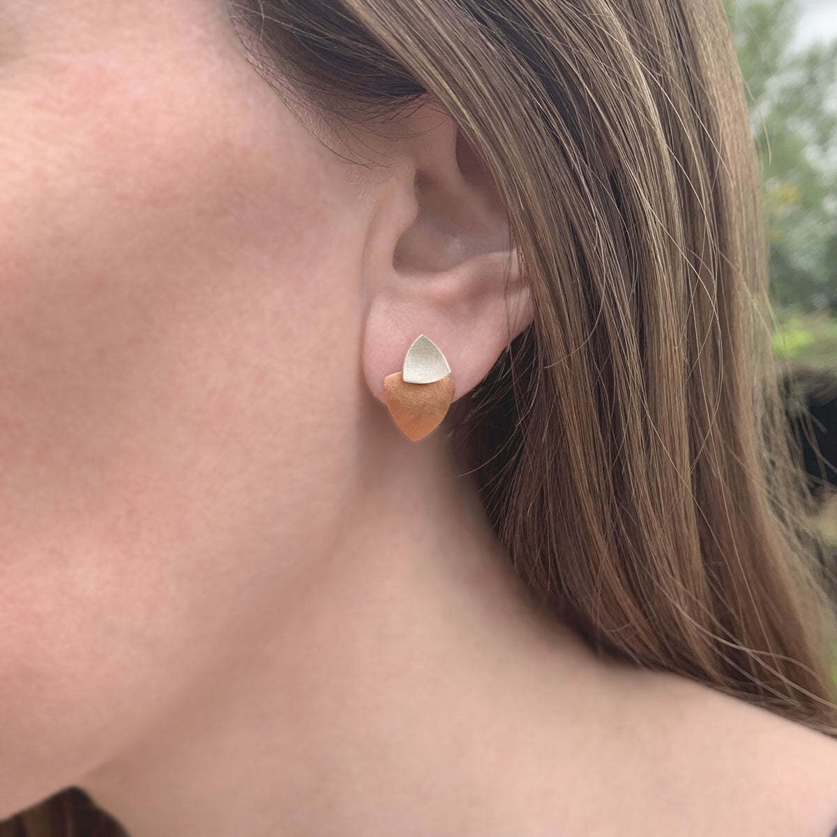 Kate Phipps Jewellery Trillion duo multiway stud earrings silver stud and 18 carat rose gold plated silver lower section model photo 3