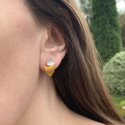 Kate Phipps Jewellery Trillion duo multiway stud earrings silver stud and 22 carat yellow gold plated silver lower section concave side model photo 2