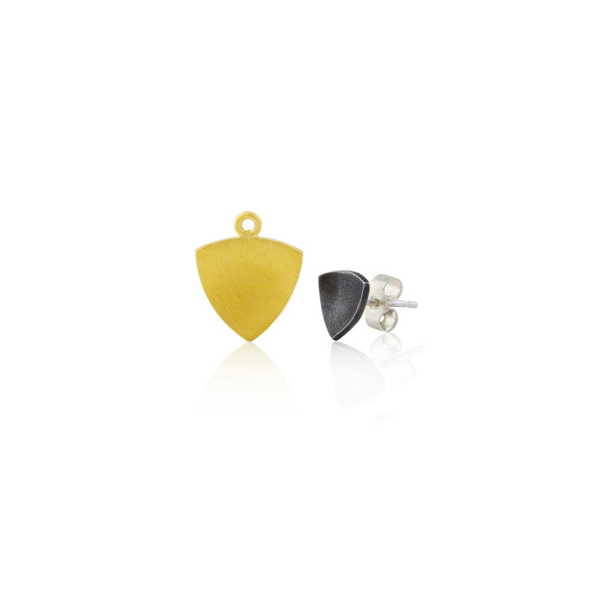 Kate Phipps Jewellery Trillion duo stud earrings 22 carat yellow gold plated silver and oxidised silver in separate pieces