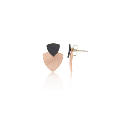 Kate Phipps Jewellery Trillion duo stud earrings oxidised silver top 18 carat rose gold plated silver lower section