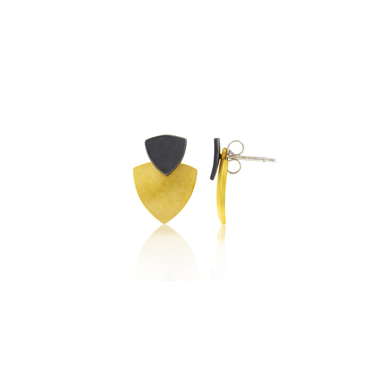 Kate Phipps Jewellery Trillion duo stud earrings oxidised silver top 22 carat yellow gold plated silver lower