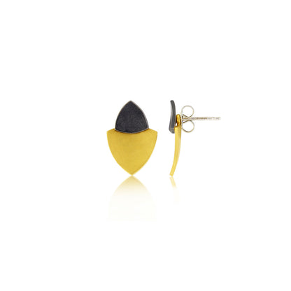 Kate Phipps Jewellery Trillion duo stud earrings oxidised silver top 22 carat yellow gold plated silver lower concave side out