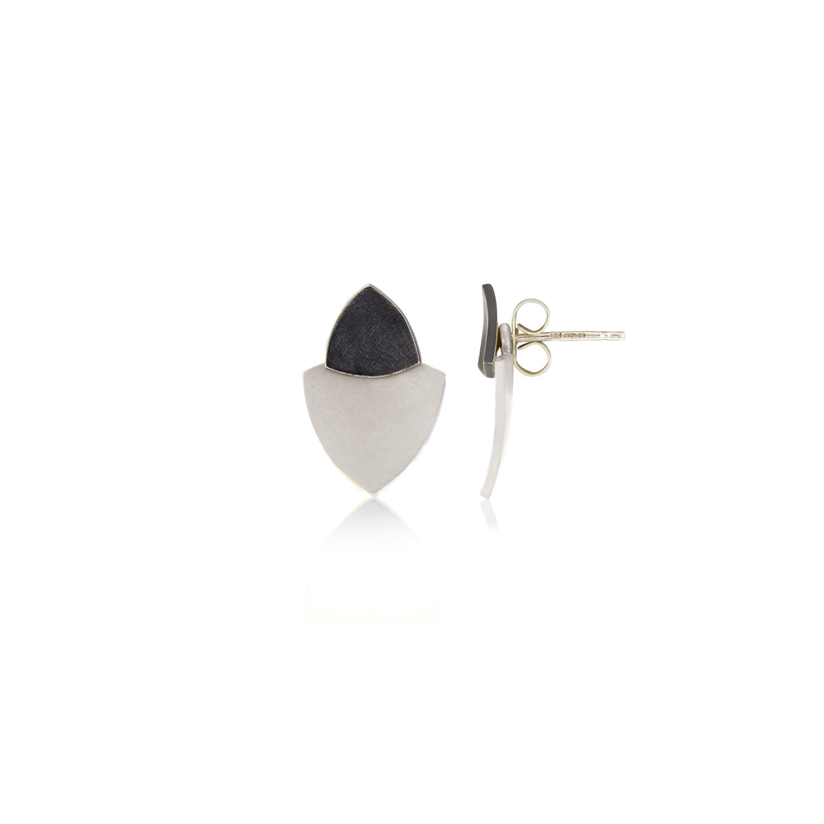 Kate Phipps Jewellery Trillion duo stud earrings oxidised silver top silver lower concave side out