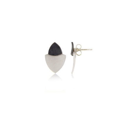 Kate Phipps Jewellery Trillion duo stud earrings oxidised silver top silver lower concave side out