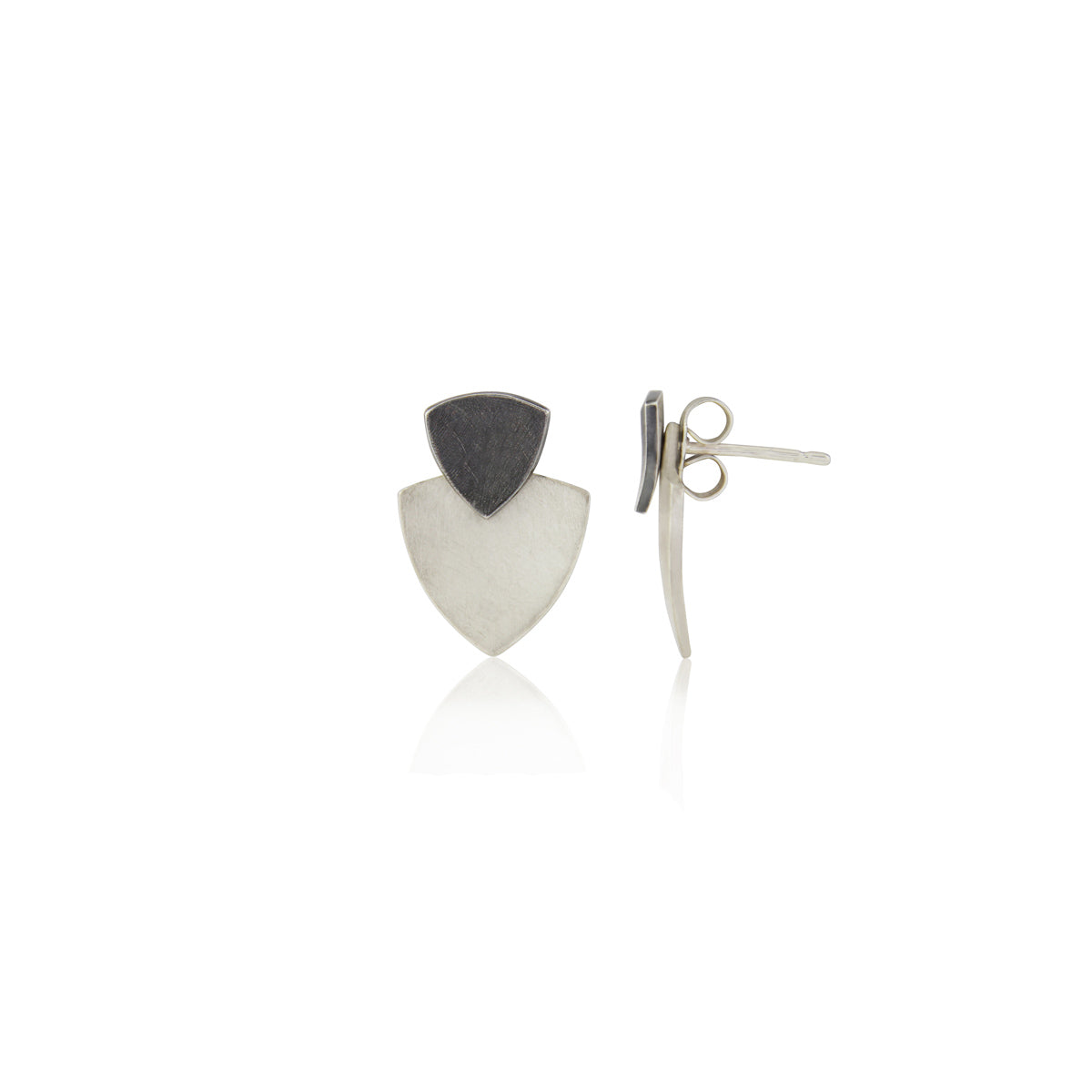 Kate Phipps Jewellery Trillion duo stud earrings oxidised silver top silver lower section