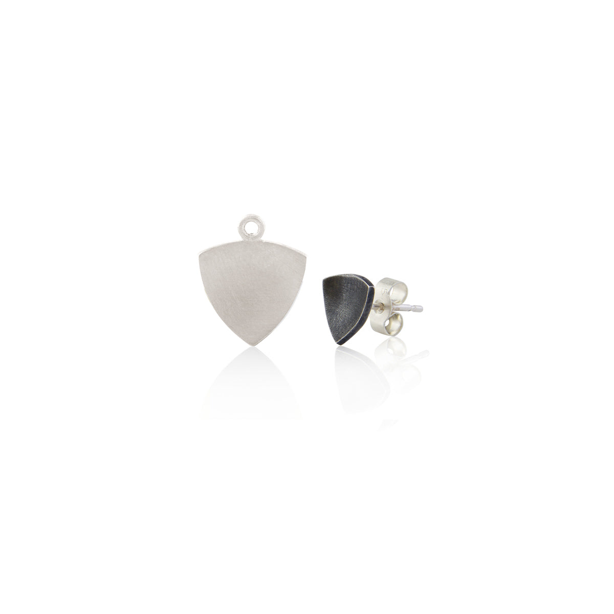 Kate Phipps Jewellery Trillion duo stud earrings oxidised silver top silver lower section in separate pieces