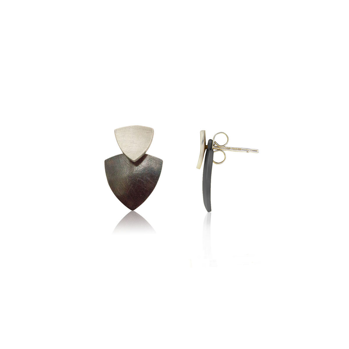 Kate Phipps Jewellery Trillion duo stud earrings silver studs oxidised silver lower section