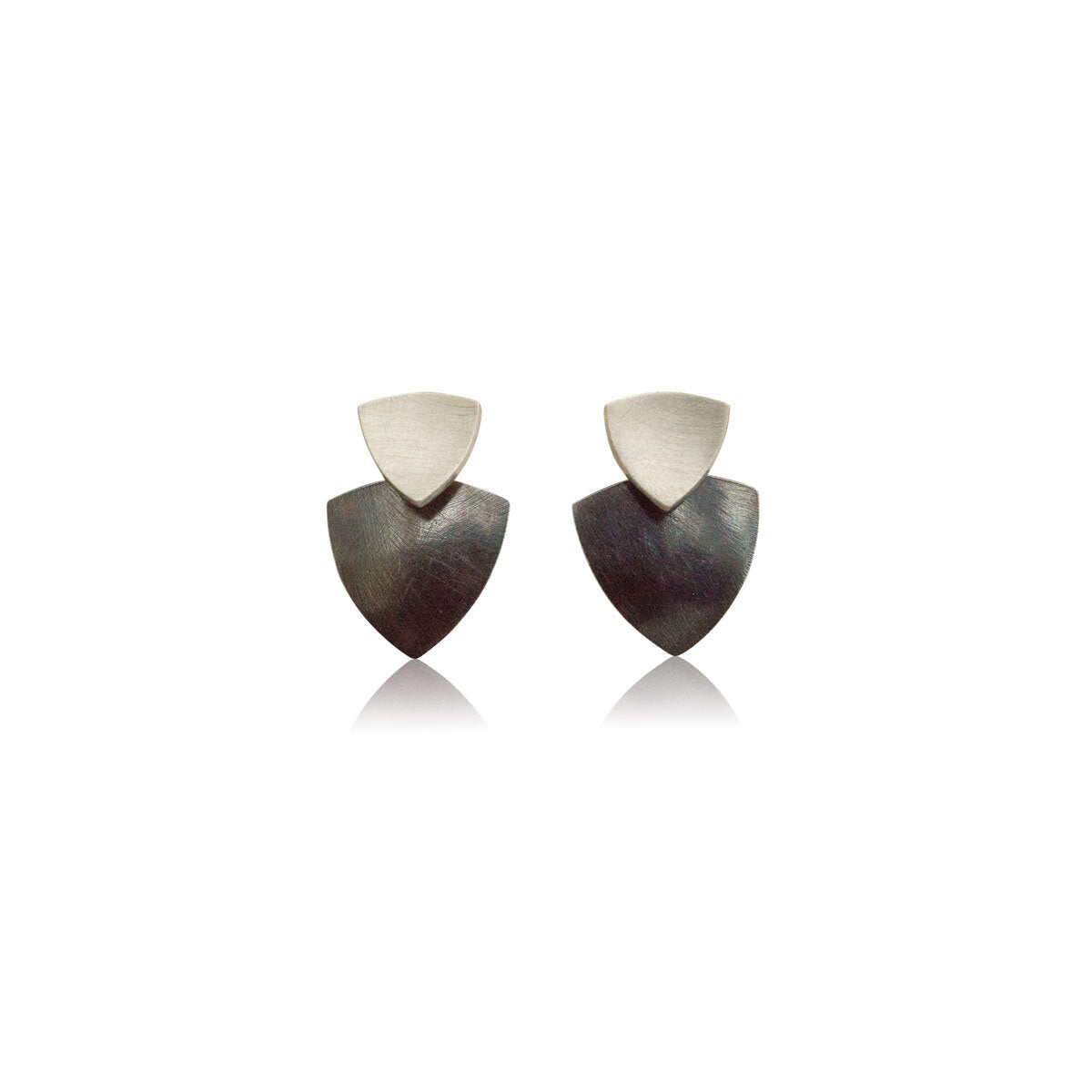 Kate Phipps Jewellery Trillion duo stud earrings silver studs oxidised silver lower section front on