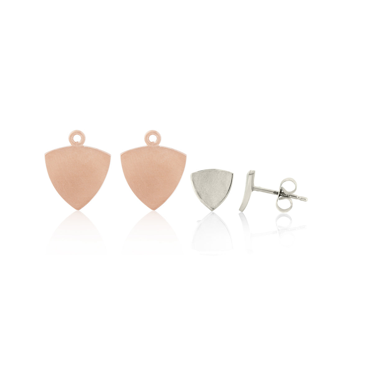 Kate Phipps Jewellery Trillion duo stud earrings silver top 18 carat rose gold plated silver in separate pieces