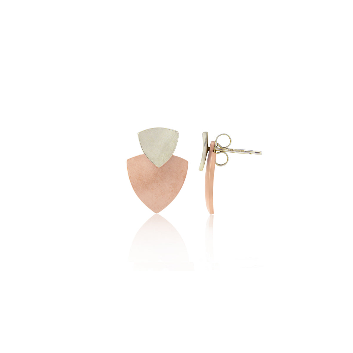 Kate Phipps Jewellery Trillion duo stud earrings silver top 18 carat rose gold plated silver lower section